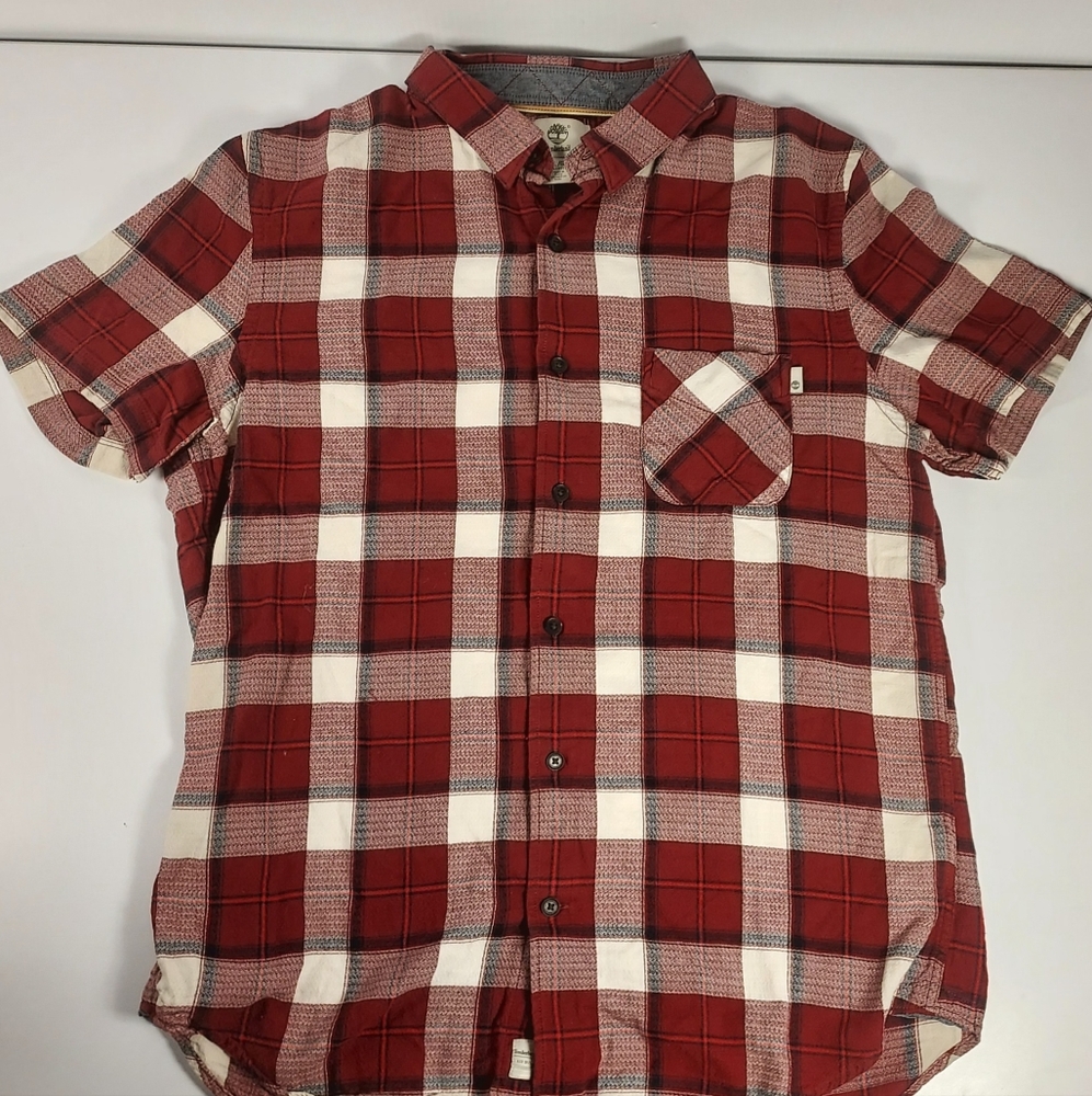 Timberland Men’s Burgundy White Checkered  Plaid Slim Fit Short Sleeve Buttons